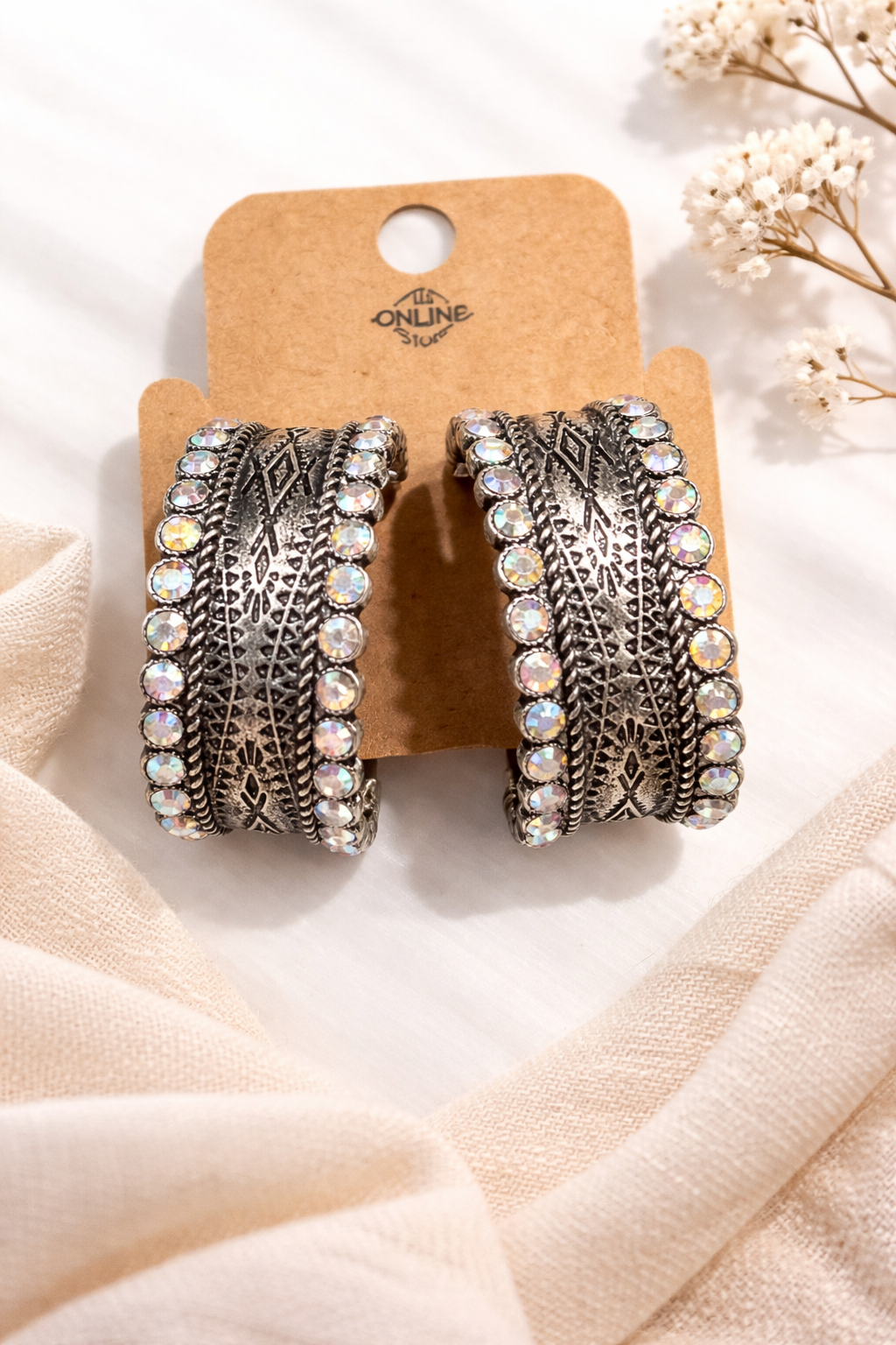 Silver Crystal Hoop Earrings (m)
